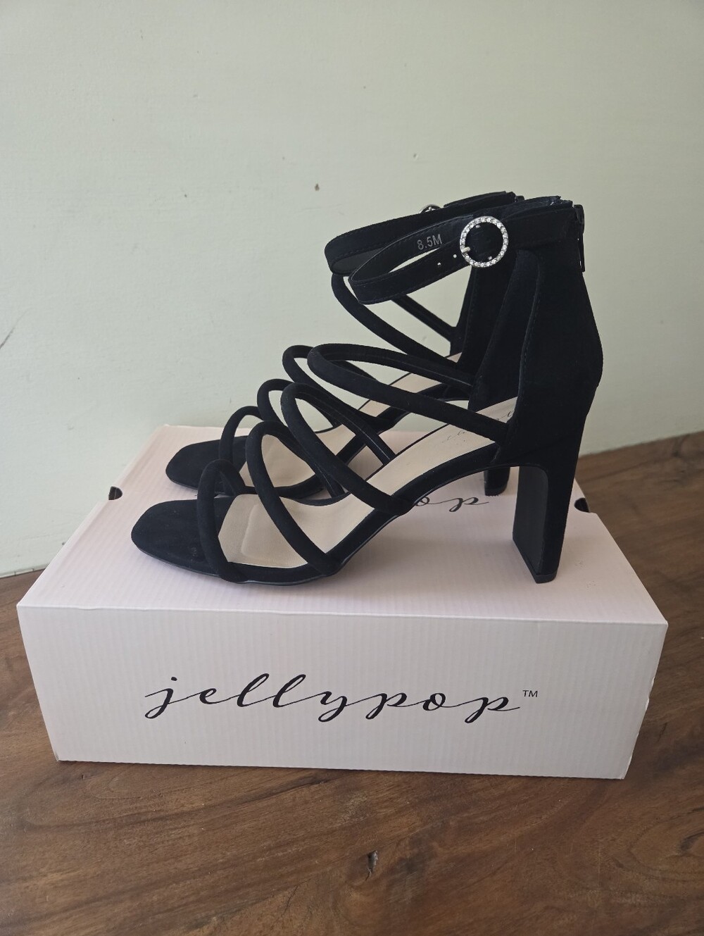 Jellypop Size 8.5 Black Multi-Strap Block Heel Sandals with Rhinestone Buckle